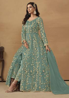 Net embroidered sequins turquoise pant style suit 1