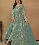 Net embroidered sequins turquoise pant style suit