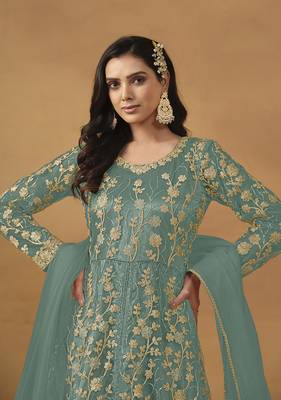 Net embroidered sequins turquoise pant style suit 4