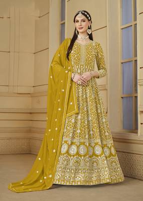 Faux georgette embroidered mustard salwar suit 1