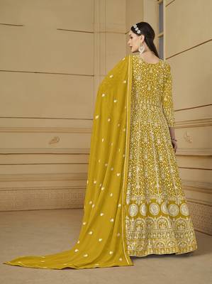 Faux georgette embroidered mustard salwar suit 2