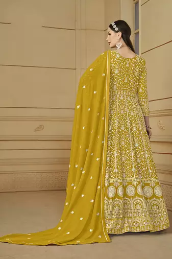 Faux georgette embroidered mustard salwar suit