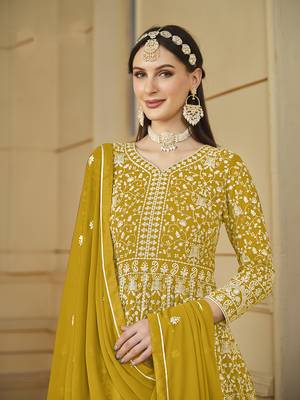 Faux georgette embroidered mustard salwar suit 3