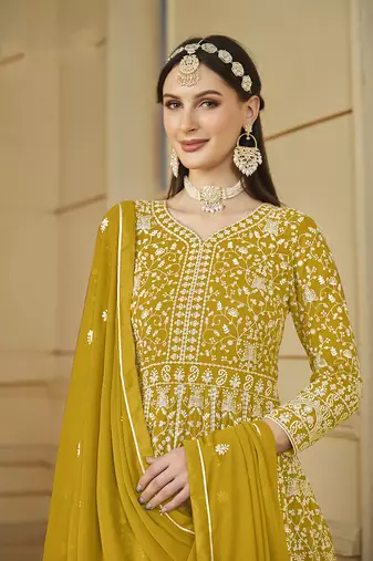 Faux georgette embroidered mustard salwar suit