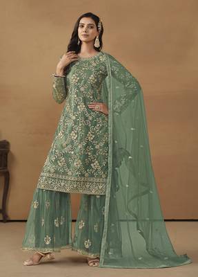 Sea green net fabric embroidered ethnic fancy salwar kameez 1