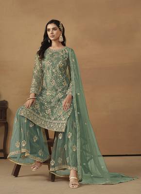 Sea green net fabric embroidered ethnic fancy salwar kameez 2