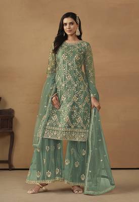 Sea green net fabric embroidered ethnic fancy salwar kameez 3