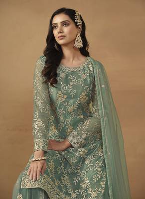 Sea green net fabric embroidered ethnic fancy salwar kameez 4