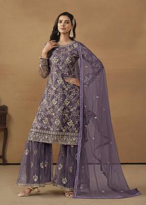 Purple net embroidered salwar kameez 1