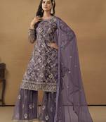 Purple net fabric embroidered fancy salwar kameez