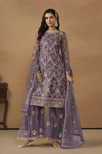 Purple net embroidered salwar kameez