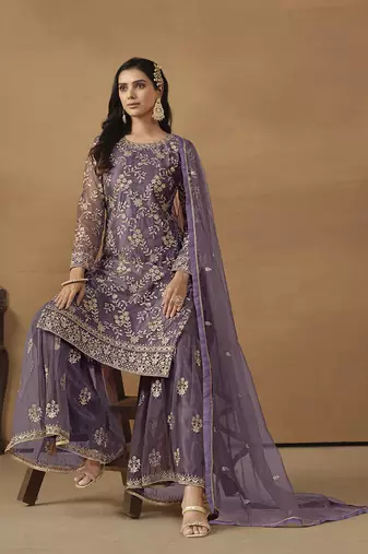 Purple net embroidered salwar kameez