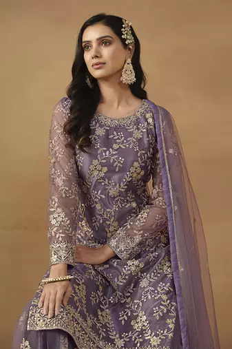 Purple net embroidered salwar kameez