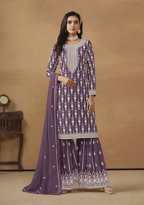 Embroideredpurple faux georgette palazzo salwar kameez 1