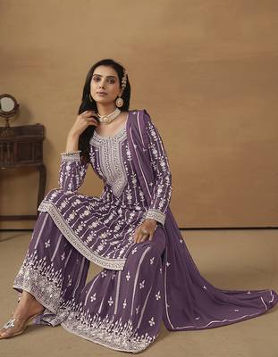 Embroideredpurple faux georgette palazzo salwar kameez 2