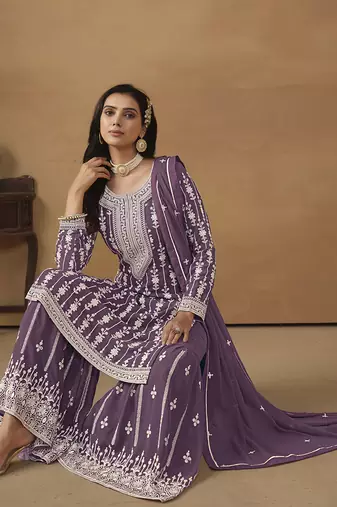 Embroideredpurple faux georgette palazzo salwar kameez