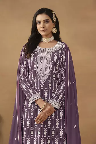 Embroideredpurple faux georgette palazzo salwar kameez