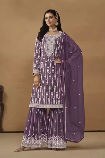 Embroideredpurple faux georgette palazzo salwar kameez