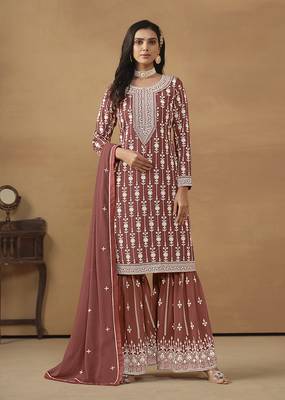 Embroideredlight brown faux georgette palazzo salwar kameez 1
