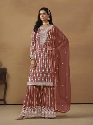 Embroideredlight brown faux georgette palazzo salwar kameez 2