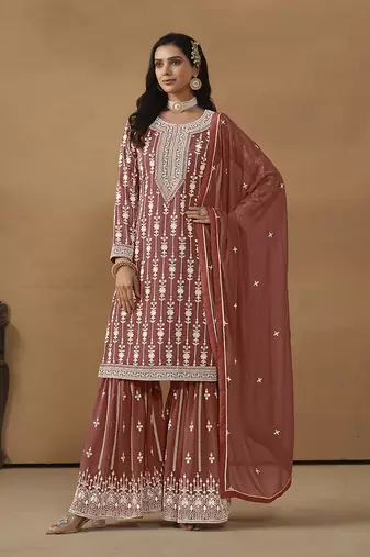 Embroideredlight brown faux georgette palazzo salwar kameez