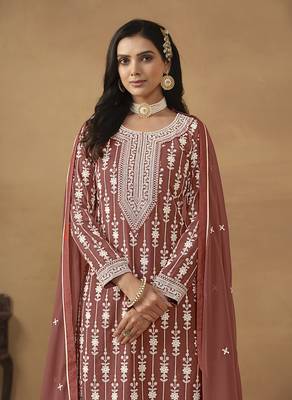 Embroideredlight brown faux georgette palazzo salwar kameez 3