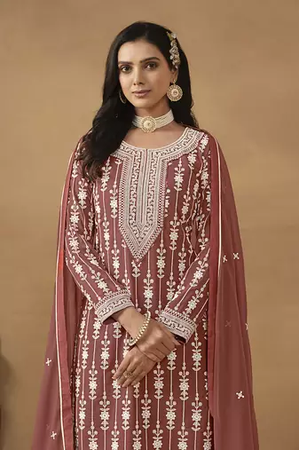 Embroideredlight brown faux georgette palazzo salwar kameez