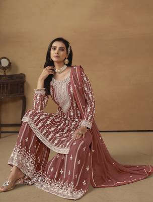 Embroideredlight brown faux georgette palazzo salwar kameez 4