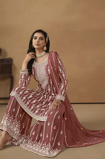 Embroideredlight brown faux georgette palazzo salwar kameez