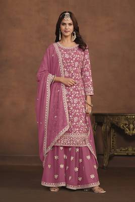 Faux georgette light pink embroidered palazzo salwar kameez 1