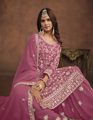 Faux georgette light pink embroidered palazzo salwar kameez 2