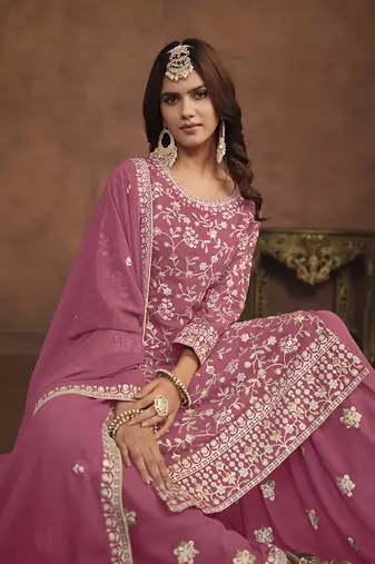 Faux georgette light pink embroidered palazzo salwar kameez