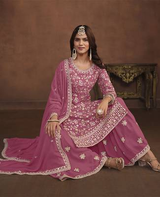 Faux georgette light pink embroidered palazzo salwar kameez 4