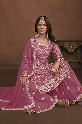 Faux georgette light pink embroidered palazzo salwar kameez