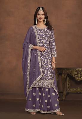 Faux georgette light lavender embroidered palazzo salwar kameez 1