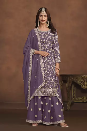 Faux georgette light lavender embroidered palazzo salwar kameez
