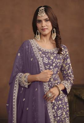 Faux georgette light lavender embroidered palazzo salwar kameez 2