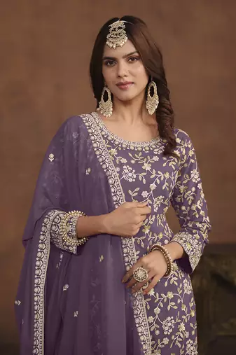 Faux georgette light lavender embroidered palazzo salwar kameez
