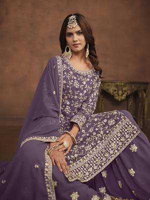 Faux georgette light lavender embroidered palazzo salwar kameez 3