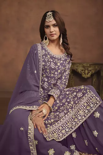 Faux georgette light lavender embroidered palazzo salwar kameez