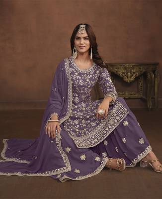 Faux georgette light lavender embroidered palazzo salwar kameez 4