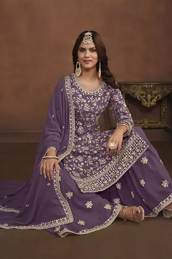 Faux georgette light lavender embroidered palazzo salwar kameez