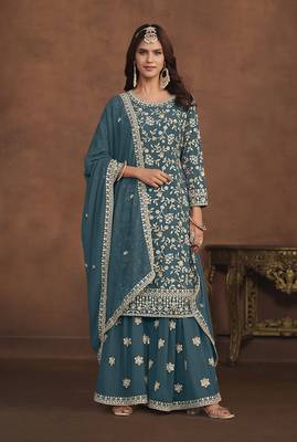 Faux georgette teal embroidered palazzo salwar kameez 1