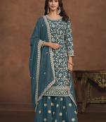 Faux georgette teal embroidered palazzo salwar kameez