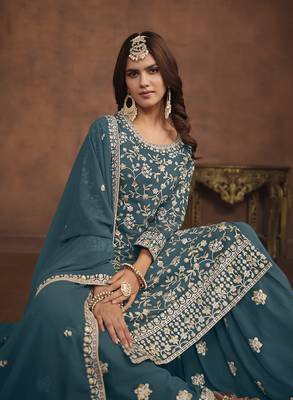 Faux georgette teal embroidered palazzo salwar kameez 2