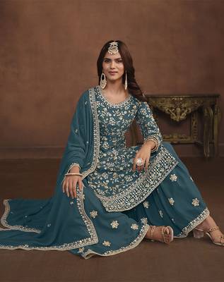 Faux georgette teal embroidered palazzo salwar kameez 3