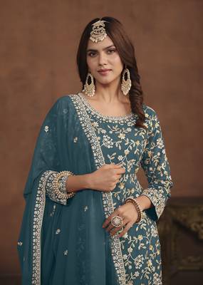 Faux georgette teal embroidered palazzo salwar kameez 4
