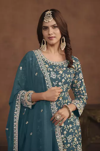 Faux georgette teal embroidered palazzo salwar kameez