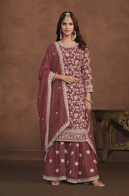 Faux georgette copper rust embroidered palazzo salwar kameez 1