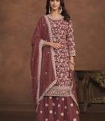 Faux georgette copper rust embroidered palazzo salwar kameez